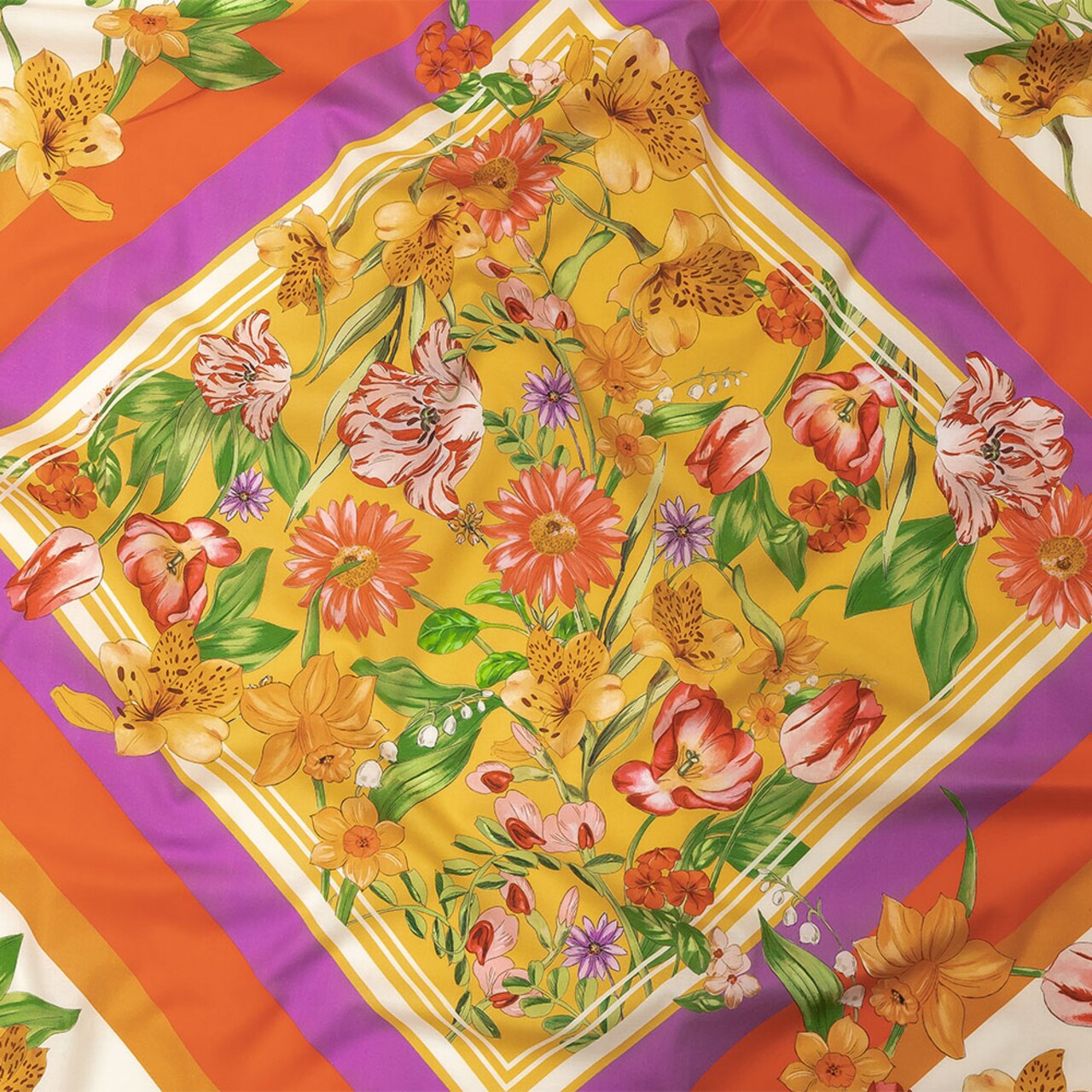 1 Yard Cotton Voile Orange and Pink Floral Golden Garden Print Fabric